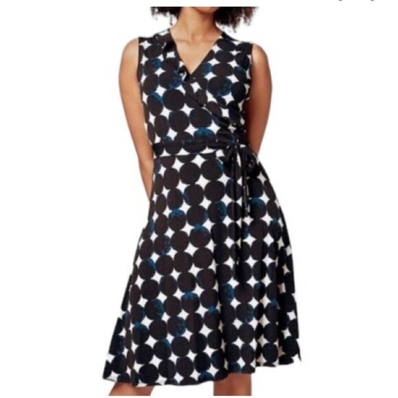 LEOTA Aneeka Size Medium Blue Black Dot Print Faux Wrap Dress Sleeveless Ruffle - Picture 1 of 11